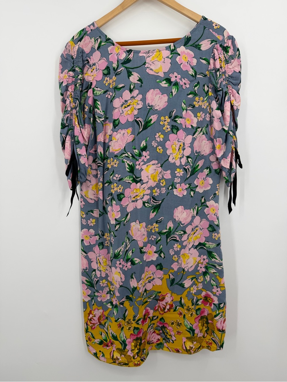 Donna Morgan Floral Ruched Sleeve Shift Dress Color Block Border Print Size 14
